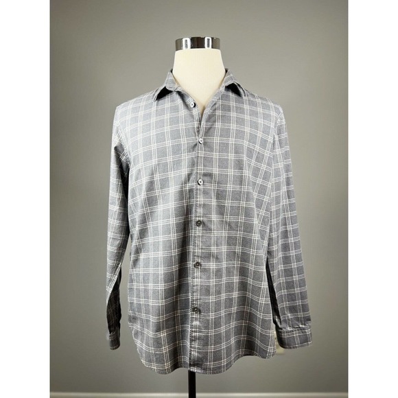 Theory Men’s Plaid Grid Flannel Button Down Shirt Size XL Cream Gray - Picture 2 of 7